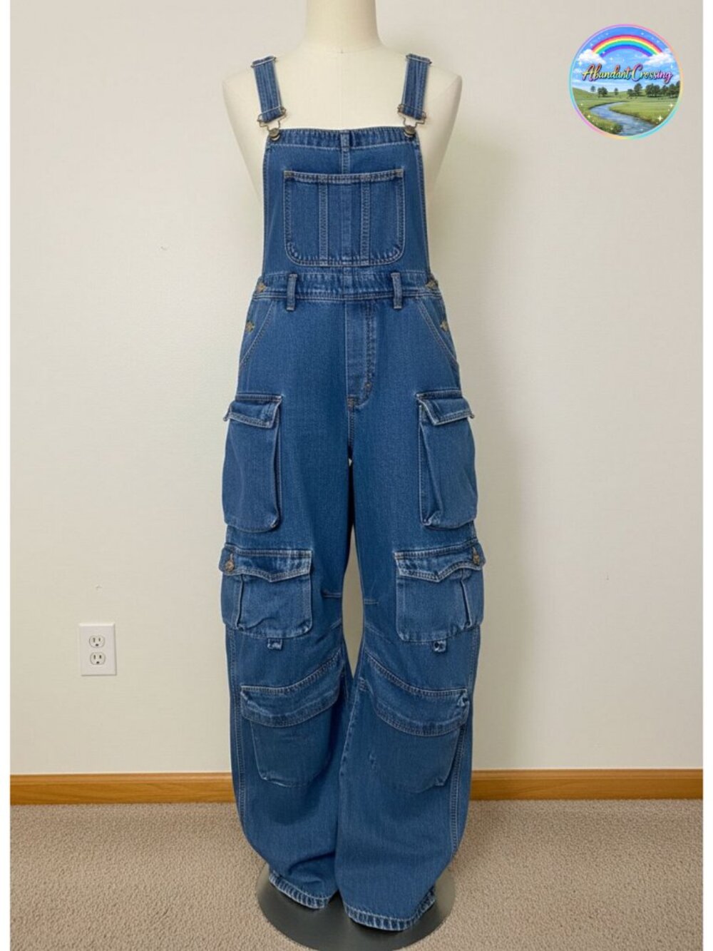Sleeveless Wide Leg Cargo Denim Jumpsuit with Pockets Loose Baggy Overall